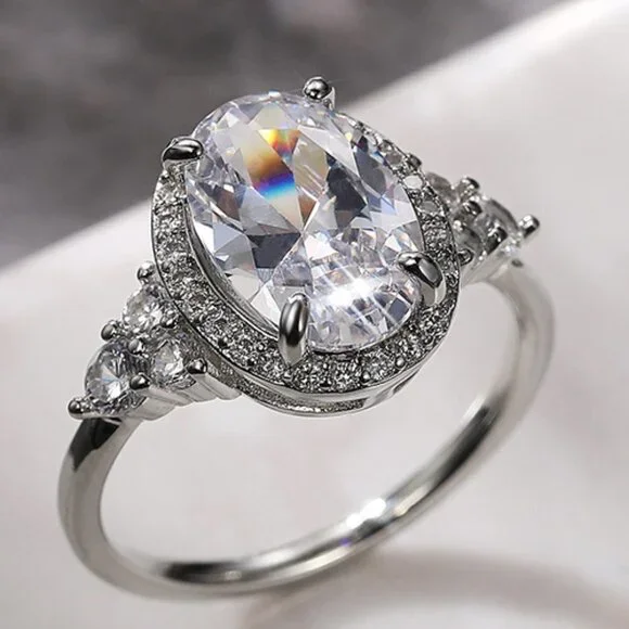 ▶Beautiful Noble Oval Pure CZ Macro Pave Silver Wedding Luxury Rings, K936
